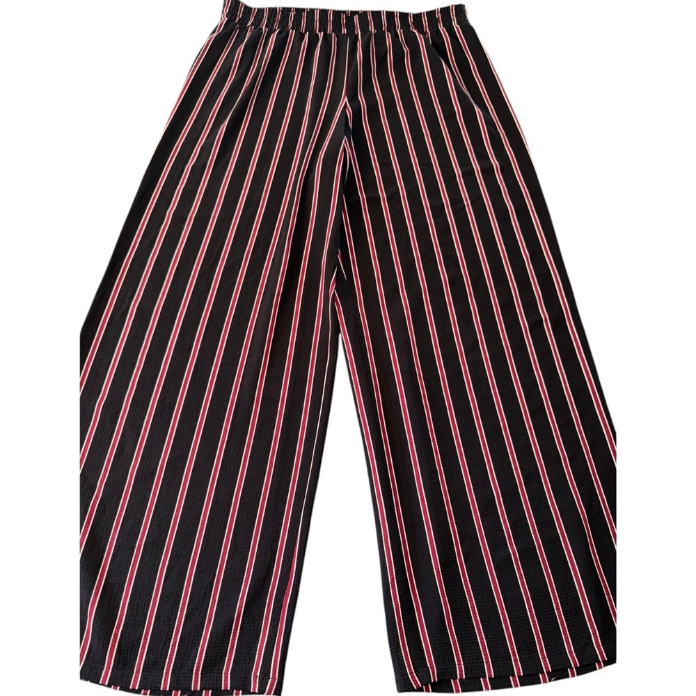 Apt. 9 Womens Large Black Red White Striped Wide Leg Cropped Pants Elastic Waist